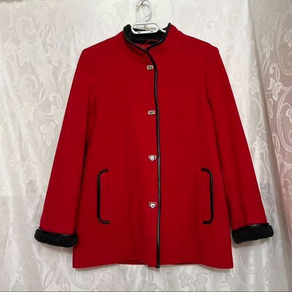 London Fog ZENA Candy Red Black Leather Trim Wool Clasp Snap Button Up Pea Coat - Picture 5 of 13